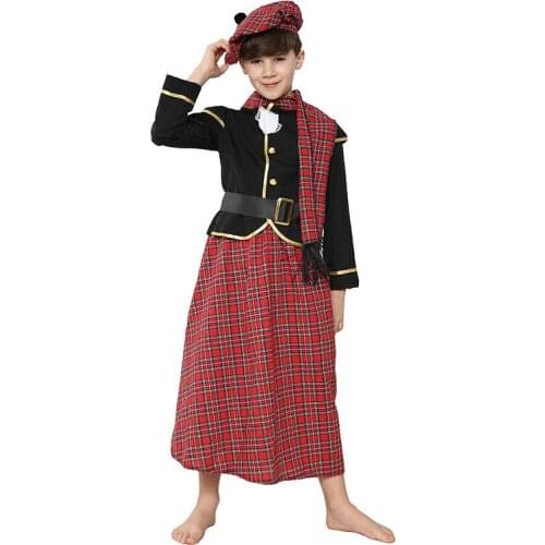 Cosplaydiy Scotland Boy Children Halloween Scotland Kilt Tartan Plaid Pleated Suit Skirt Uniform Suit Costume Scotland Set