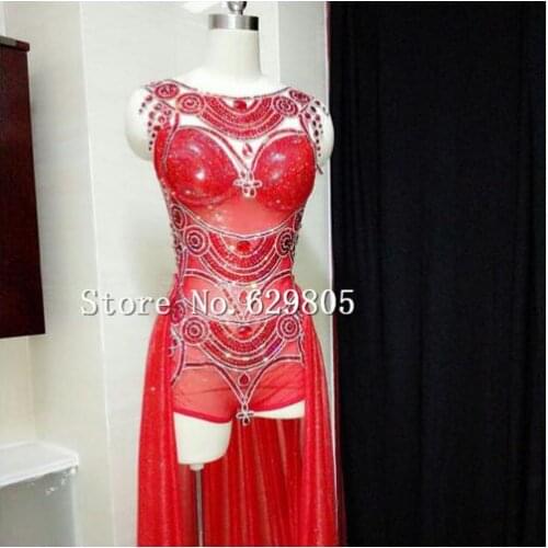 Fashion Rhinestone Bright Leotard Costume Stage Show Female Singer Dj Sparkling Red Diamond Sexy Sequins Ruby Train