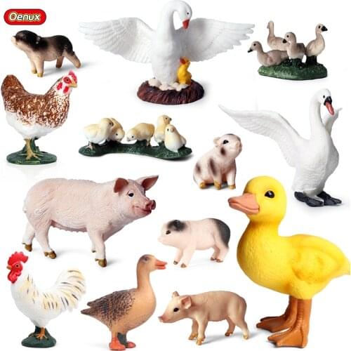 Oenux Simulation Farm Animals Toys Duck Flock Chicken Goose Pig Swan Model Action Figures PVC Miniature Cake Toppers Xmas Gift