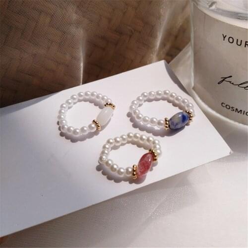 Fashion Retro Elegant Colorful Beads Elastic Rings Women Vintage Freshwater Pearl Rings For Girls Ring Accessories