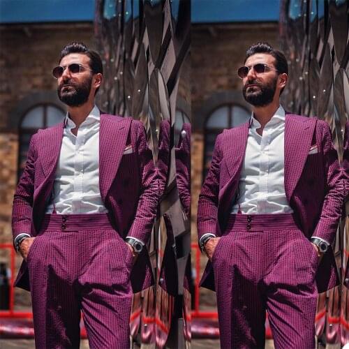 Fashion Designed Men Tuxedos Metro Peaked Lapel Stripe Blazer Custom Made Wedding Party Celebrity Suits 2 Pieces