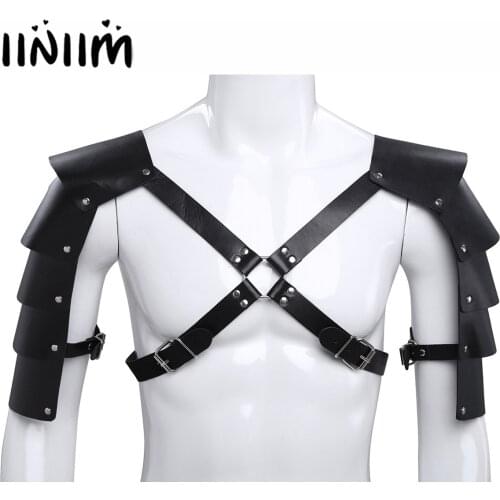 Mens Adult Erotic Lingerie Accessory Sexy Faux Leather Adjustable Body Chest Harness Bondage Costume with Rivets Shoulder Pads