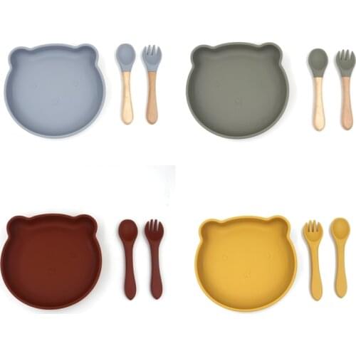 1set Silicone Baby Feeding Cartoon Bear Bowl Set Non Slip Dishes Plates Portable Fork Spoon For Children