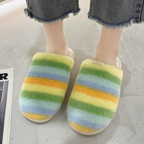 Lucyever 2021 New Womens Plush Slippers Colorful Winter Warm Indoor Women Shoes Slippers Casual Flat Bedroom Home Shoes Woman