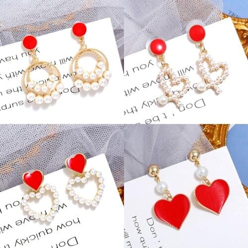 New 2020 Enamel Geometry Love Heart Pendant Imitation Pearl Earrings For Women Exaggerated Big Red Statement Earrings For Party