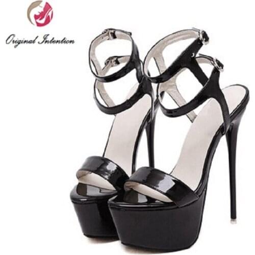 Original Intention Women Sandals Patent Leather Platform Thin Heels Sandals Black High-quality Shoes Woman Plus US Size 4-15