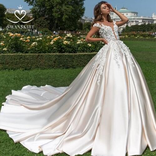 Appliques 3D Flower Wedding Dress 2021 Sweetheart Sleeveless Satin A-Line Bride Gown Princess SwanSarah F196 Vestido De Noiva