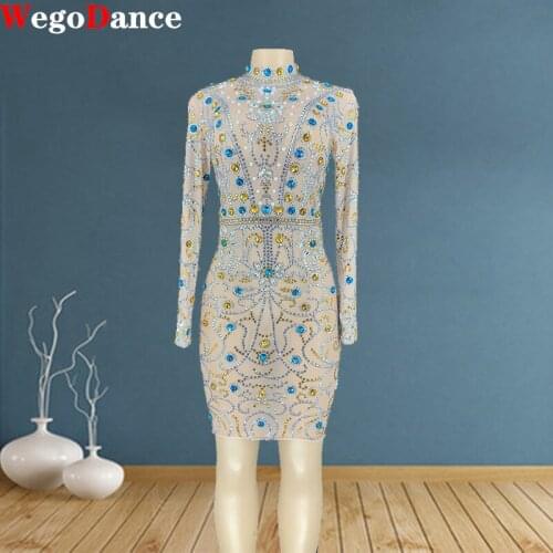 Sexy Women Clothing Sparkly Rhinestones Transparent Birthday Stage Prom Dance Wear Evening Party Dress See Through