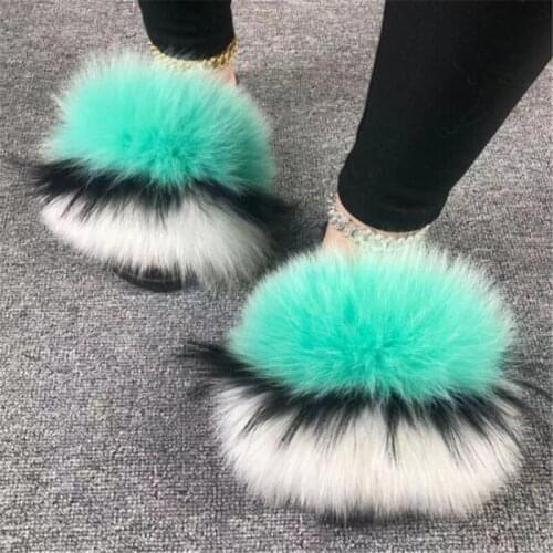 Wholesale Womens Fox Fur Slippers Fashion Luxury Fluffy Slides Girls Plush Sandals Indoor Home Shoes Ladies Designer Flip Flop