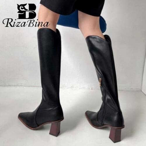 RIZABINA Size 34-43 Women Genuine Leather Shoes Knee High Boots Thick High Heels Ins Fashion Party Club Female Footwear