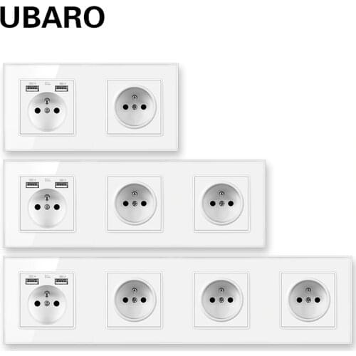 UBARO French Standard Tempered Glass Panel Wall Socket Electrical Plug With Usb 5V 2A Prise Glass Wall Socket AC110-250V 16A