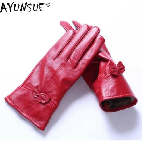 AYUNSUE Comfortable Gloves Women Winter Warm Sheepskin Leather Gloves Femme Red Thicken Gloves Butterfly New Fashion Luva SQQ363