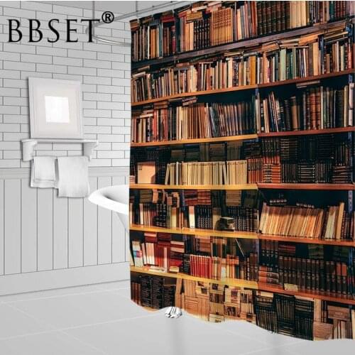 Library Shower Curtain Retro Book Case with Books Bookshelf Pattern Waterproof Multi-size Cortina De Bano Bathroom Decor