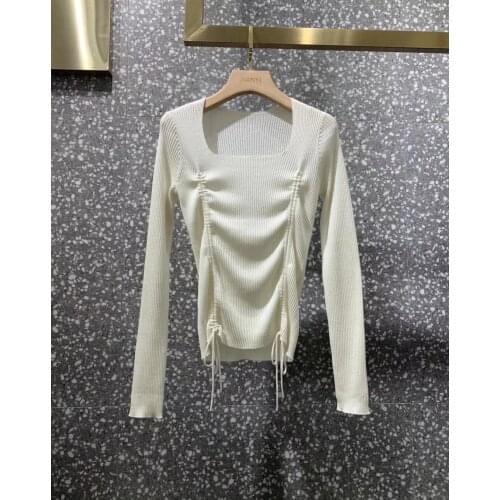 New ladies fashion 2021 long sleeve sexy casual solid color drawstring knit top 1218