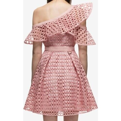 Women High-end Fashion Elegant 2019 One-Shoulder Party Cute 4 Colors Runway Spring Summer Lace Sexy Above Knee Mini Dress A086