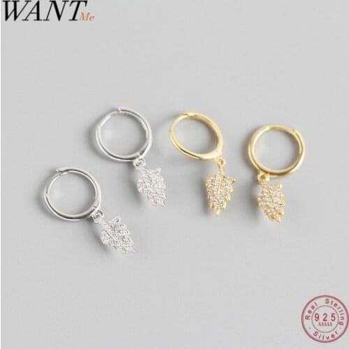 WANTME Fashion Pave Zircon Leaf Foliage Gothic Studs Earrings for Women Girls Genuine 100% 925 Sterling Silver fine Jewelry Gift