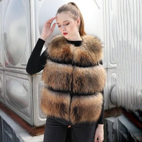 Real Raccoon Fur Gilet Women Luxury Fur Vest Coat Fashion Slim Short Waistcoat Winter