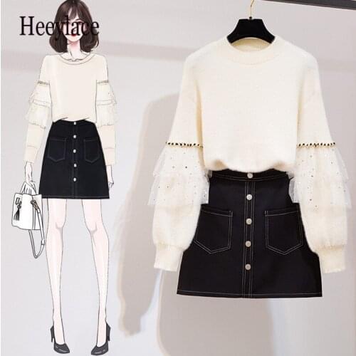 Fall Winter Korean Casual two-piece set For Women Mesh Patchwork Knitted Sweater And Skirts Suits Sweet Female 2PCS Outfits