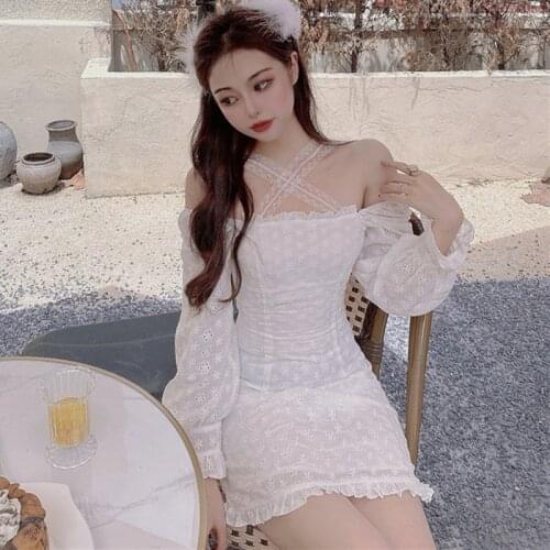 Lace-up Halter Off Shoulder White Dress for Women Autumn Sexy Style Club Slash Neck Korean Clothes Evening Party Bodycon Dresses