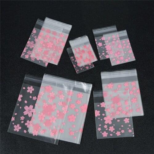 100pcs/lot Transparent Frosted Pink Cherry Blossoms OPP Wedding Candy Bag Cookie Biscuits Cake Bag Christmas Gift Packaging Bag