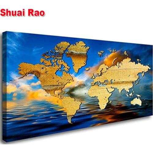 Blue Golden world map full square diamond painting sale round diamond embroidery Europe office decor start business gift