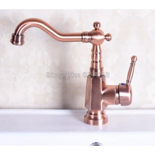 Antique Red Copper Swivel Spout Bathroom Basin Faucet Single Handle Vessel Sink Mixer Taps Deck Mounted Single Hole Wnf254