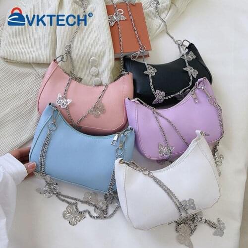 Butterfly Decor Baguette Bags Small PU Leather Shoulder Bags for Women Chain Designed Handbag Female Travel