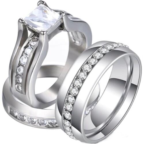 His And Her 316L Stainless Steel Princess Cut Wedding Ring Sets And Eternity Wedding Cubic Zircon Men Women Engagement Ring