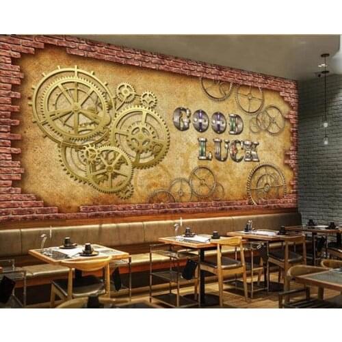 Photo wallpaper Custom 3D European and American retro industrial style brick wall gear bar coffee shop background Wall decor