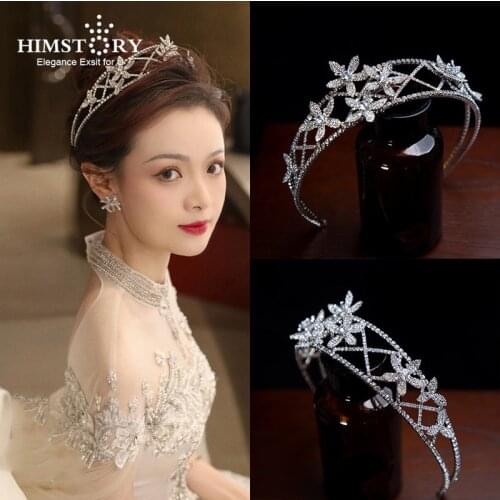 Himstory Exquisite Fashion Flower Rhinestone Cubic Crystal Crown Tiaras Bridal Headdress Wedding Dress Party Hair Accessories