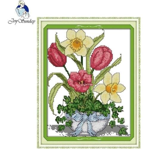 Joy Sunday Flower Style Spring flower vase stamped or counted fabric cross stitch patterns kit for needle craft
