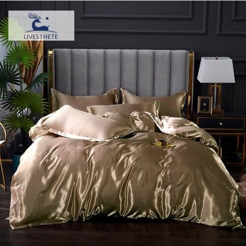 Liv_Esthete Satin Silky Champagne Gold Duvet Cover Bedding Set Luxury Queen Adult Flat Sheet Bedclothes Bed Linen Set