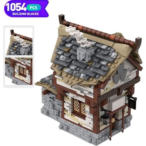 Moc Creator Castle Architecture Medieval Tavern Smithy MOC City Town Street House Pub Retro Scene Building Blocks Kid Toys