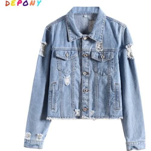 2020 DEPONY women Ripped Denim jacket autumn cropped Blue chaqueta Single Breasted Casual Loose jacket bomber