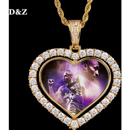 D&Z Custom Made Photo Rotating Heart Shape Double-sided Pendant Necklace 4mm Tennis Chain Zircon Mens Hip hop Jewelry