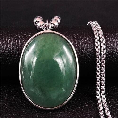 Green Natural Stone Stainless Steel Charm Necklaces Boho Silver Color Long Necklace Jewelry collar acero inoxidable mujer NXS04