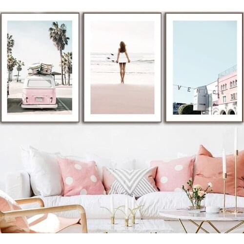 Ocean Landscape Canvas Poster Nordic Style Beach Pink Bus Wall Art Print Painting Decoration Pictures Scandinavian Home Decor