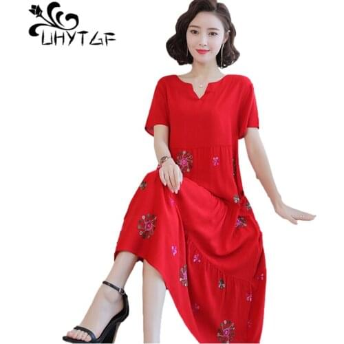 UHYTGF Elegant Mother Summer Dress Fashion Embroidered Beach Long Dress Women Soft Cotton Silk Comfortable Plus Size Dresses1352
