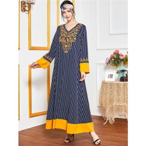 Striped Embroidered Maxi Dress arabic muslim women Ethnic V Neck Long Sleeve Turkey Arabic islamic Clothes Loose moroccan kaftan