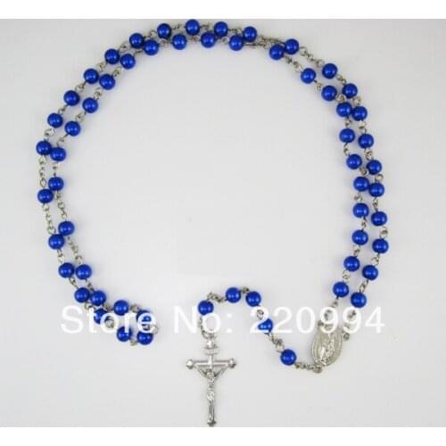 6mm Blue Glass Beads Vintage Religious Rosary Necklace