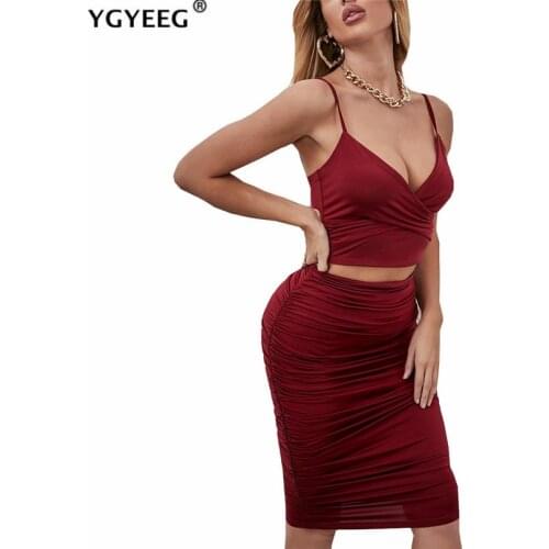 YGYEEG Women Two Pieces Spaghetti Strap Crop Top Bodycon Skirt Fashion Outfits Solid Sexy 2pcs High Waist Female Party Club Sets