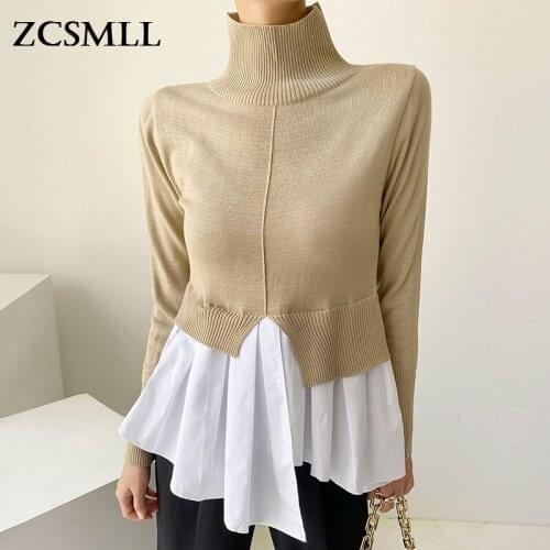 ZCSMLL Temperament High Neck Pullover Design Hem Fake Two-piece Splicing Irregular Women Sweater Korean Autumn Top