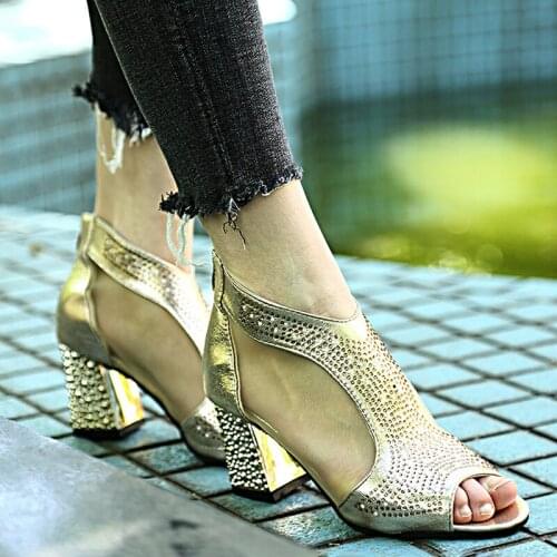 2020 Gladiator Women Sandals Bling Peep Toe Diamond Square Heel Women Shoes Summer Wedding Shoes Platform Sandalia Mujer