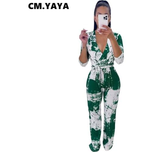 CM.YAYA Women Jumpsuit Print Full Sleeve V-neck Bandage Sashes Loose Wide Leg Jumpsuits Vintage One Piece Overalls Autumn Outfit