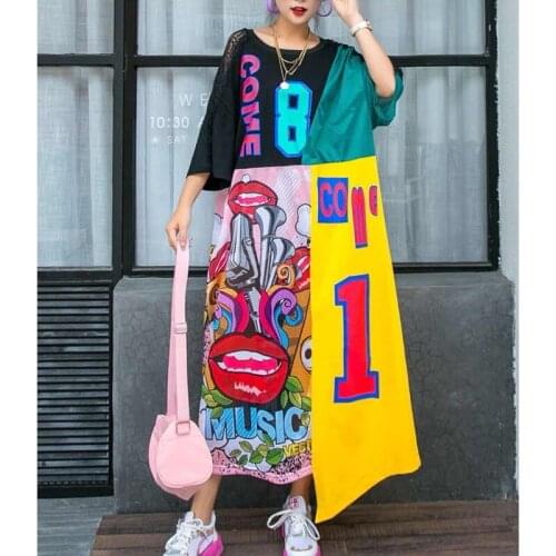 Plus Size Long Dress Graffiti Print Women Dress 2021 Lace Patchwork Summer Asymmetrical Dress White Black Z583