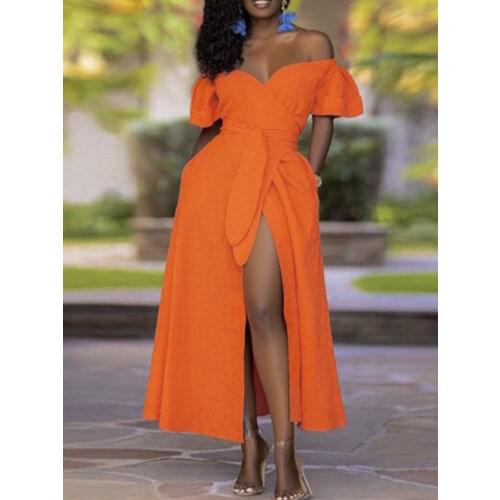 Women Party Off Shoulder Long Dress with Waist Belt Solid Irregular Diagonal Collar High Slit Sexy Fashion Celebrate 2021 Autumn