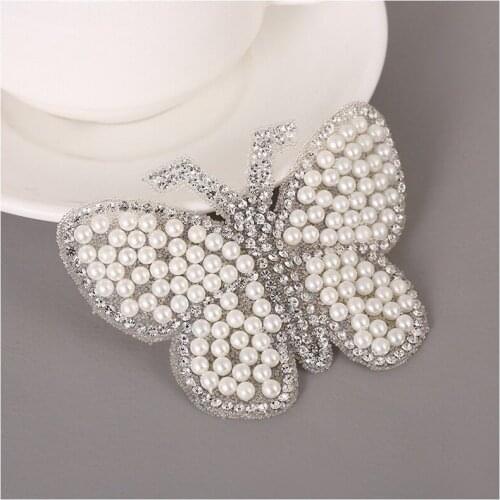 1 pcs Pearl Butterfly Patch for Clothes Sewing on Rhinestone Beaded Applique for Jackets Jeans Bags Shoes Beading Applique