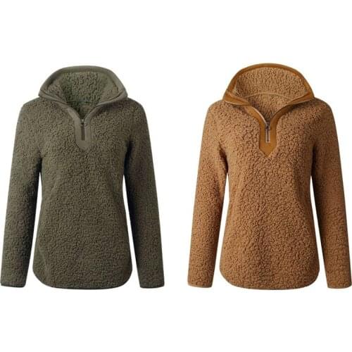 2 Pcs Sherpa Sweater Teddy Fleece Pullover Half Zipper Sherpa Fleece Tops Female Warm Coat Sweaters, XL Green & S Camel