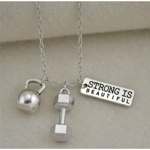 2018 Hot Sell Sporty Necklace Unisex Barbell And Dumbbell Gym Fitness STRONG IS BEAUTIFUL Written Plate Zinc Alloy Dropshipping