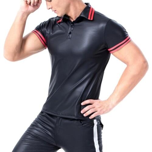 Faxu Leather Black T-shirts Men Shorts Sleeve Black Turn-down Collar Casual Shirts Plus Size Fitness Latex Tops nightclub wear